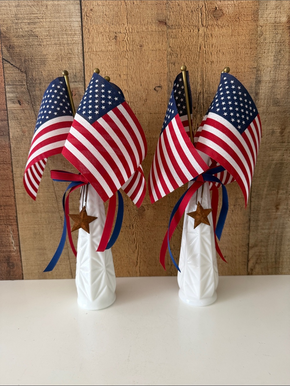 Americana Patriotic Milk Glass Bud Vases with Flags and a Rusty Star & Ribbons